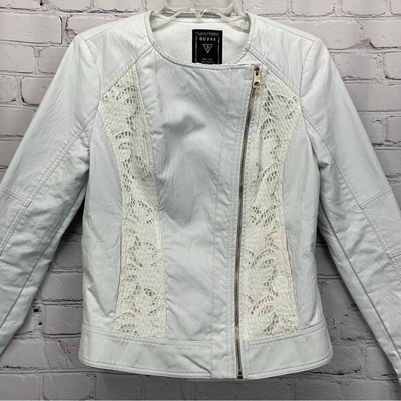 Guess Moto Jacket Women's Size M White Vegan Leather Lace Inserts Asymmetrical - Picture 5 of 10